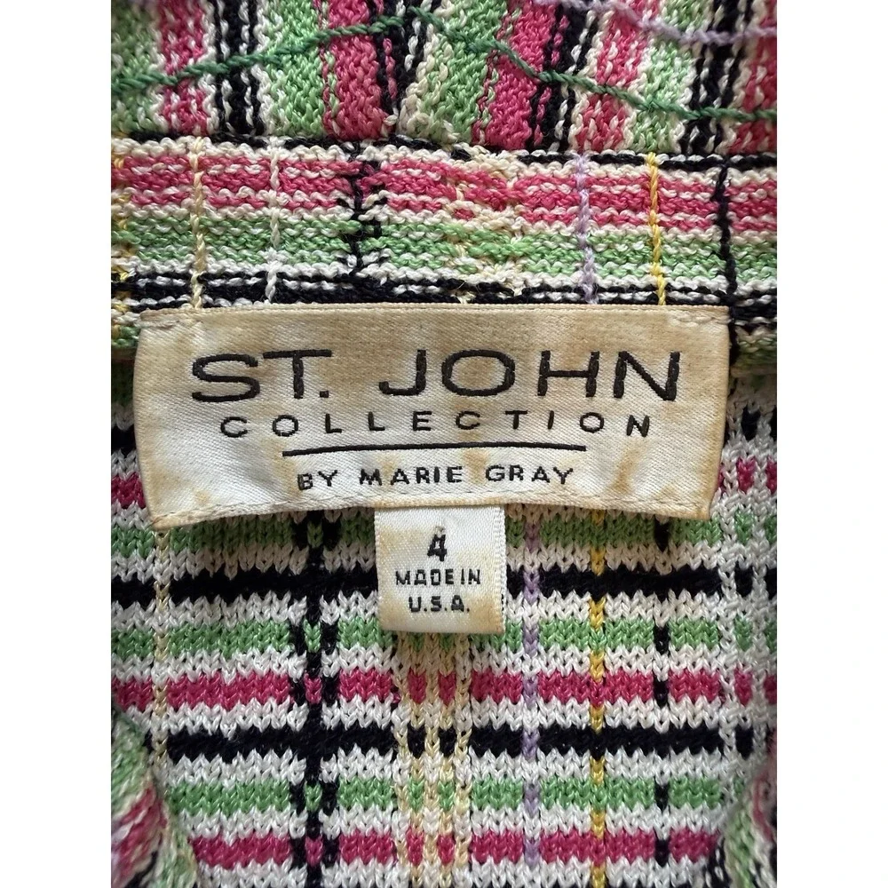 Vintage St. John Collection Knit Fringe Multicolor Plaid Jacket Skirt Suit Set - Picture 6 of 16